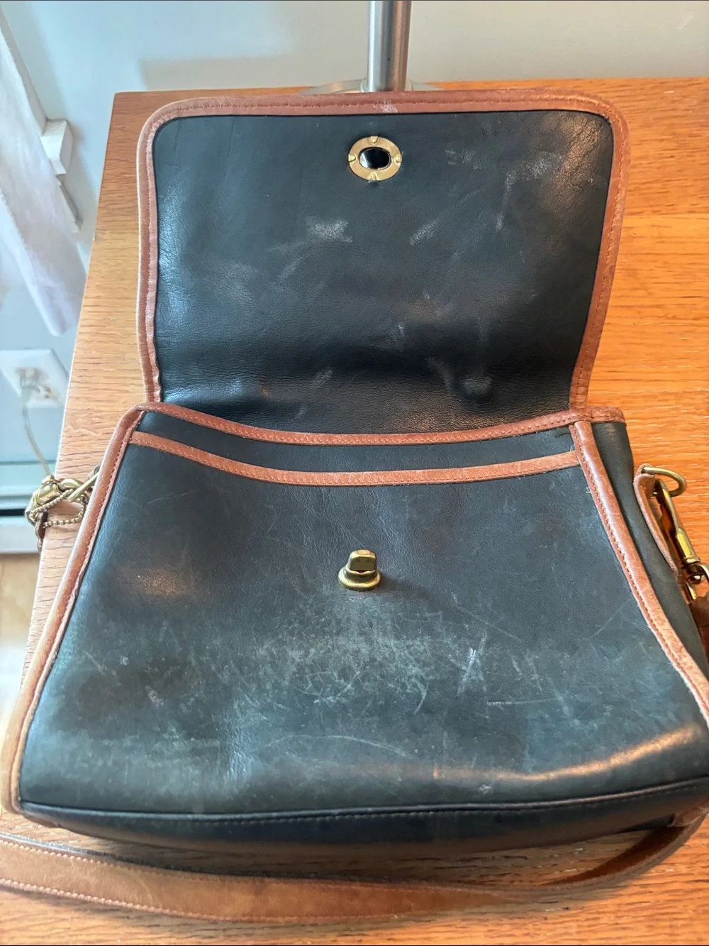 Coach Dark Green Messenger Bag with Brown Trim and Turn-Lock